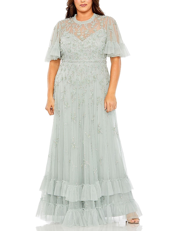 Mac Duggal Ruffled Floral Embellished Flutter Sleeve A Line Gown In Sage