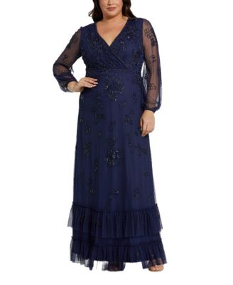  Plus Puff Sleeve V-Neck Tiered Embellished Gown