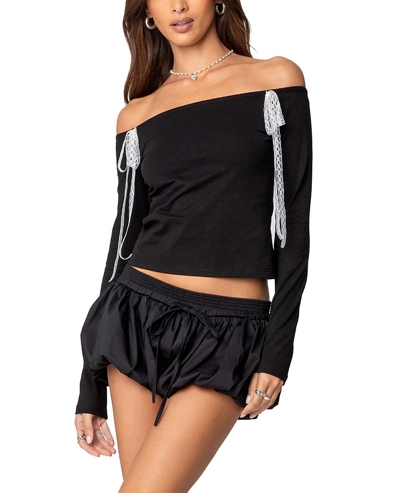Shop Edikted Lace Bow Off Shoulder Top In Black