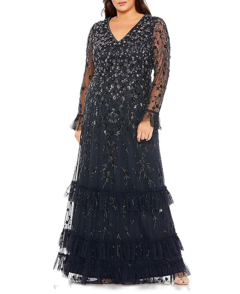 Mac Duggal V-neck Embellished Long Flutter Sleeve Tired Gown In Midnight