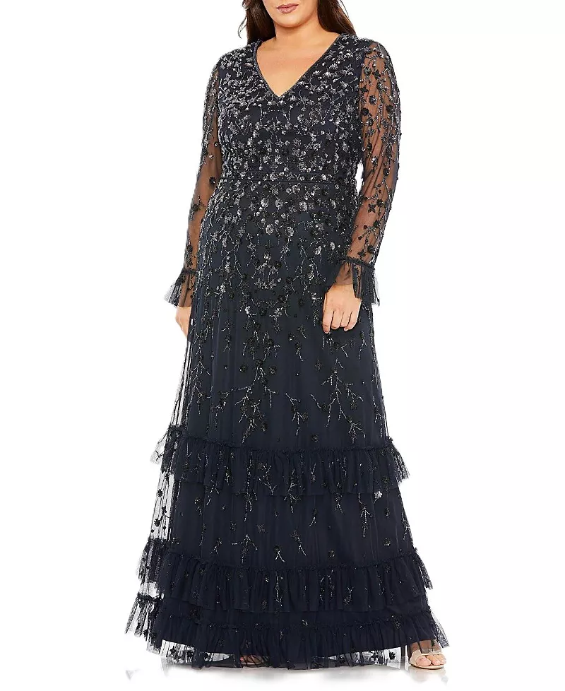 Mac Duggal Plus V- Neck Embellished Long Flutter Sleeve Gown
