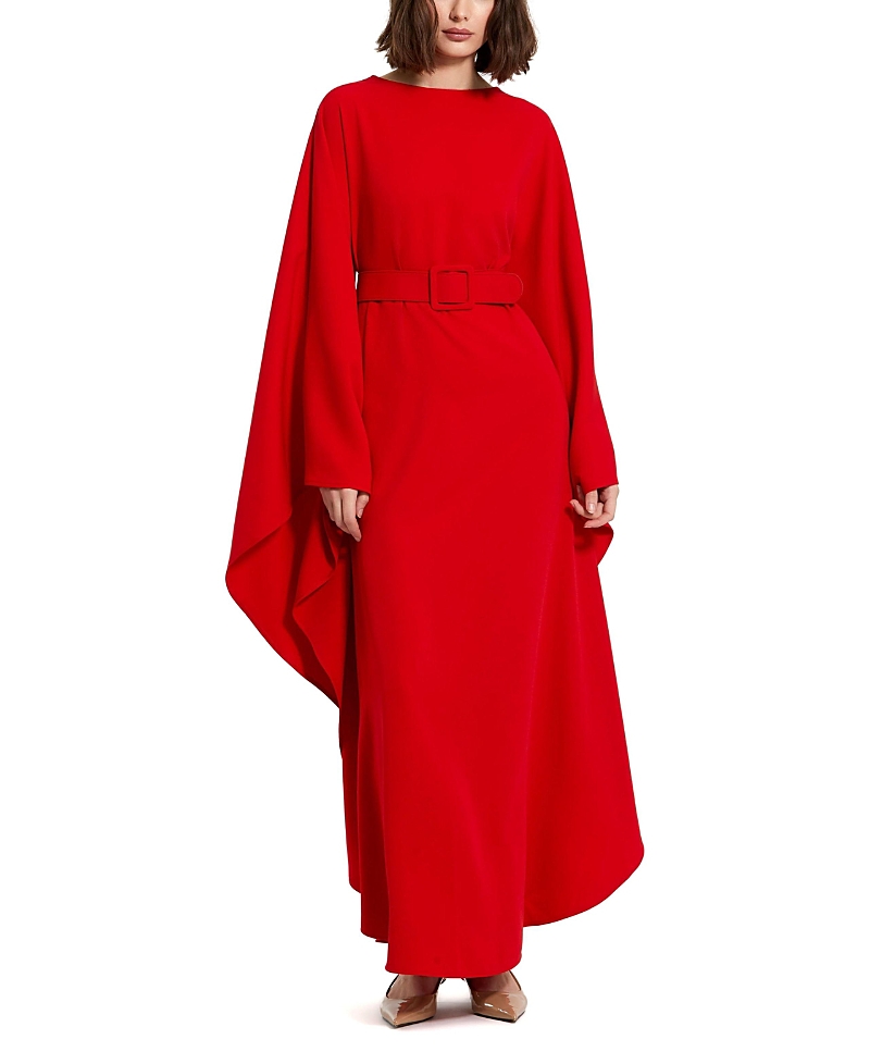 Mac Duggal Crepe Boat Neck Shawl Gown With Belt In Cherry