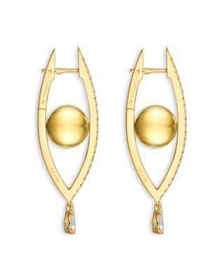 18K Yellow Gold Reflections Diamond Eye Shaped Elongated Hoop Earrings
