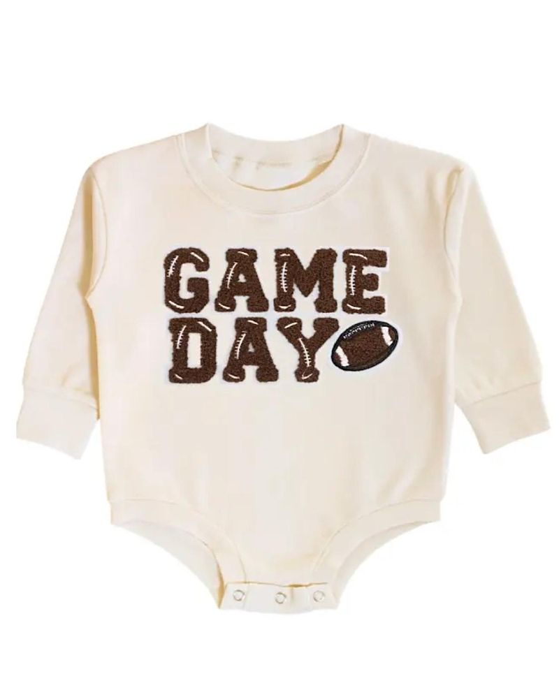 Sweet Wink Unisex Game Day Patch Long Sleeve Romper In Brown