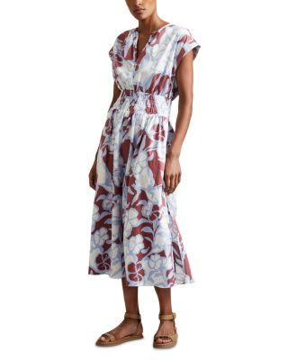 REISS - Lena Ruched Waist Midi Print Dress