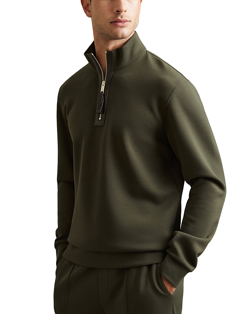 Reiss Forest Green Leather-placket Interlock-jersey Sweatshirt In Forest Green