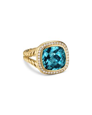 David Yurman Albion Ring in 18K Yellow Gold with Hampton Blue Topaz and Diamonds, 11mm