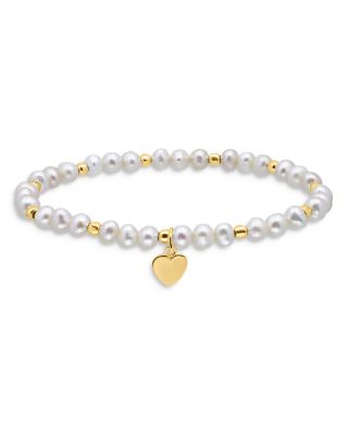 Aqua Heart Charm Cultured Freshwater Pearl Beaded Stretch Bracelet in 18K Gold Plated Sterling Silver - Exclusive