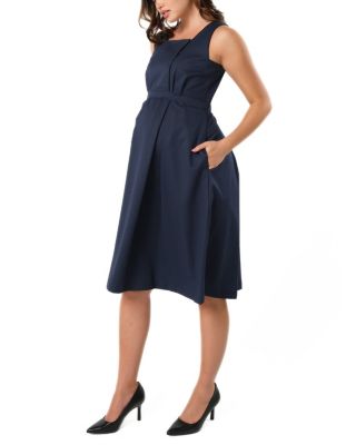 Women&#39;s Sleeveless Empire Waist Maternity &amp; Nursing Knee Length Tea Dress in Navy Italian Light Weight Suiting Fabric (Regular &amp; Petite)