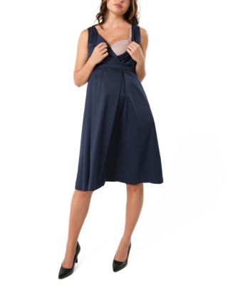 Women&#39;s Sleeveless Empire Waist Maternity &amp; Nursing Knee Length Tea Dress in Navy Italian Light Weight Suiting Fabric (Regular &amp; Petite)