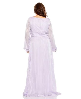  Plus Striped Faux Wrap Bishop Sleeve  Gown