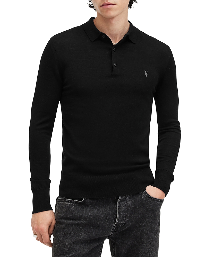 Allsaints Mode Regular Fit Merino Wool Long Sleeve Polo Sweater In Black