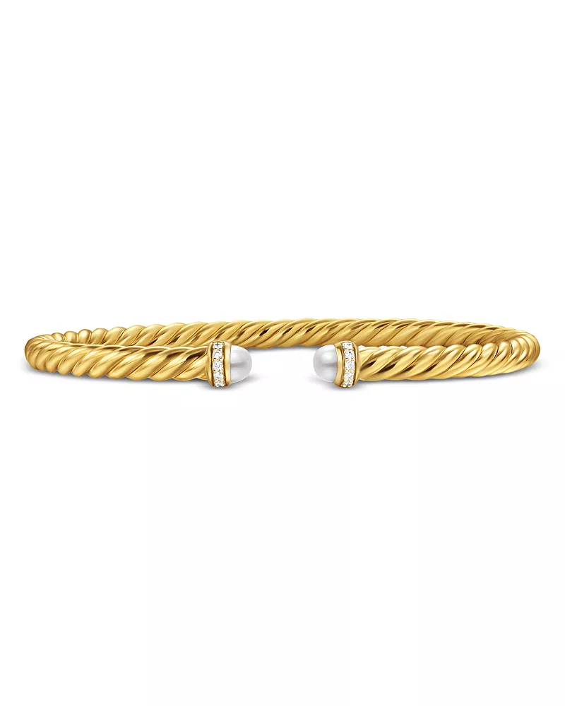 David Yurman Cablespira Flex Bracelet in 18K Yellow Gold with Cultured Freshwater Pearls and Diamonds, 4mm
