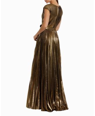  Pleated Metallic Jersey Gown With Belt