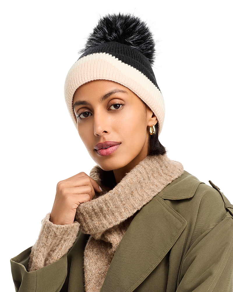 Kyi Kyi Faux Fur Pom Pom Kitted Hat In Black/ivory