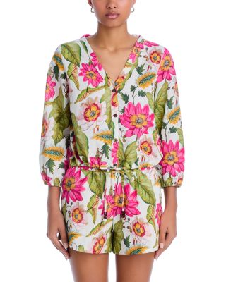 Tropical Floral Blouson Shirt Swim Cover-Up