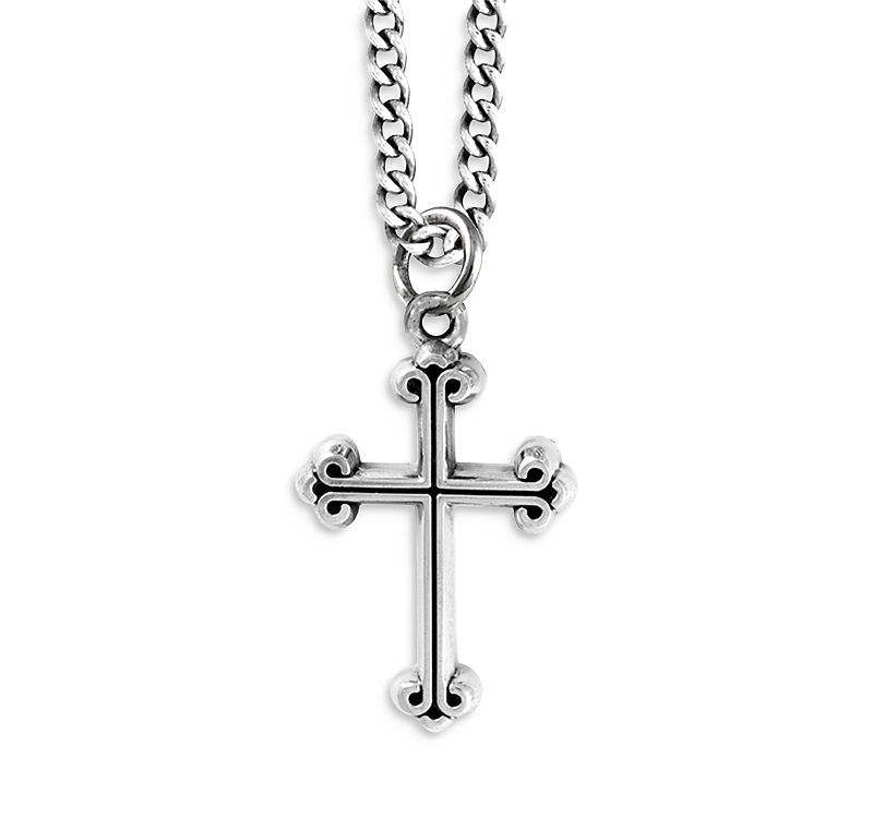King Baby Studio Extra Small Traditional Cross Pendant On Curb Link Chain In Silver
