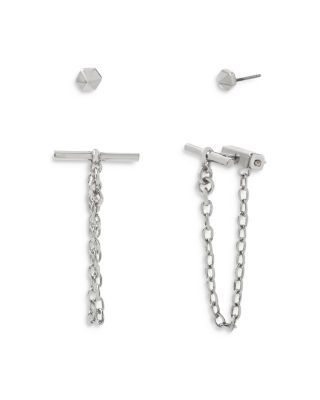 ALLSAINTS - Hexagon Stud & Bar Front To Back Earrings in Rhodium Plated, Set of 2