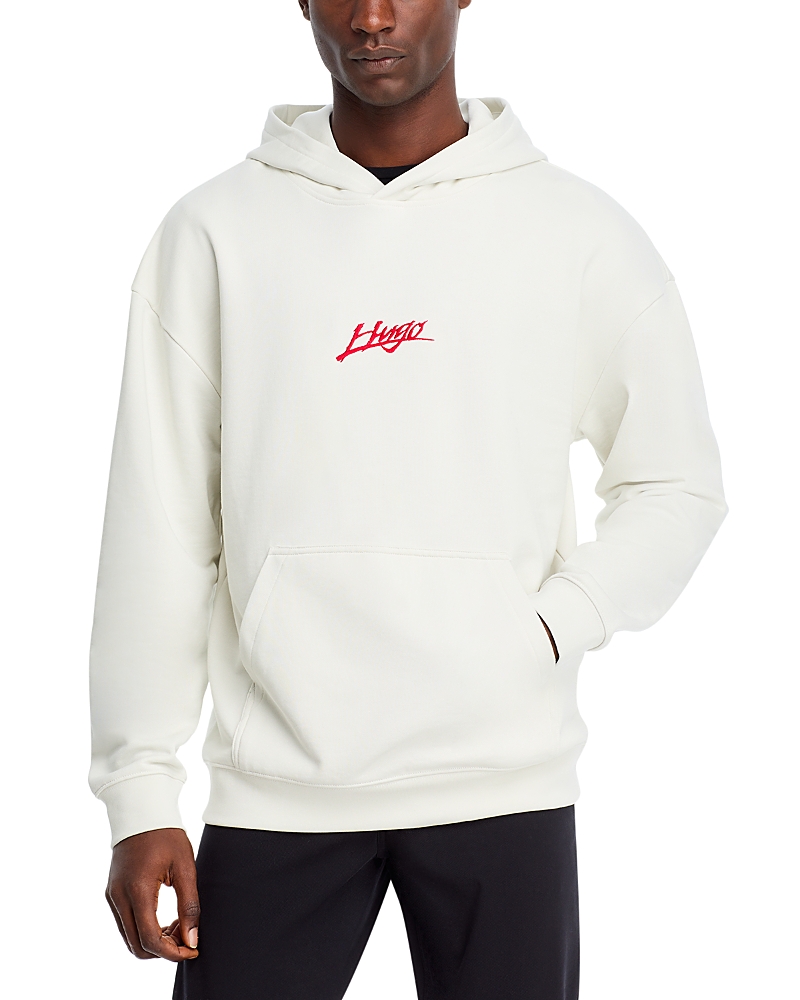 Hugo Boss Dlogolong Cotton Logo Embroidered Relaxed Fit Hoodie In Natural