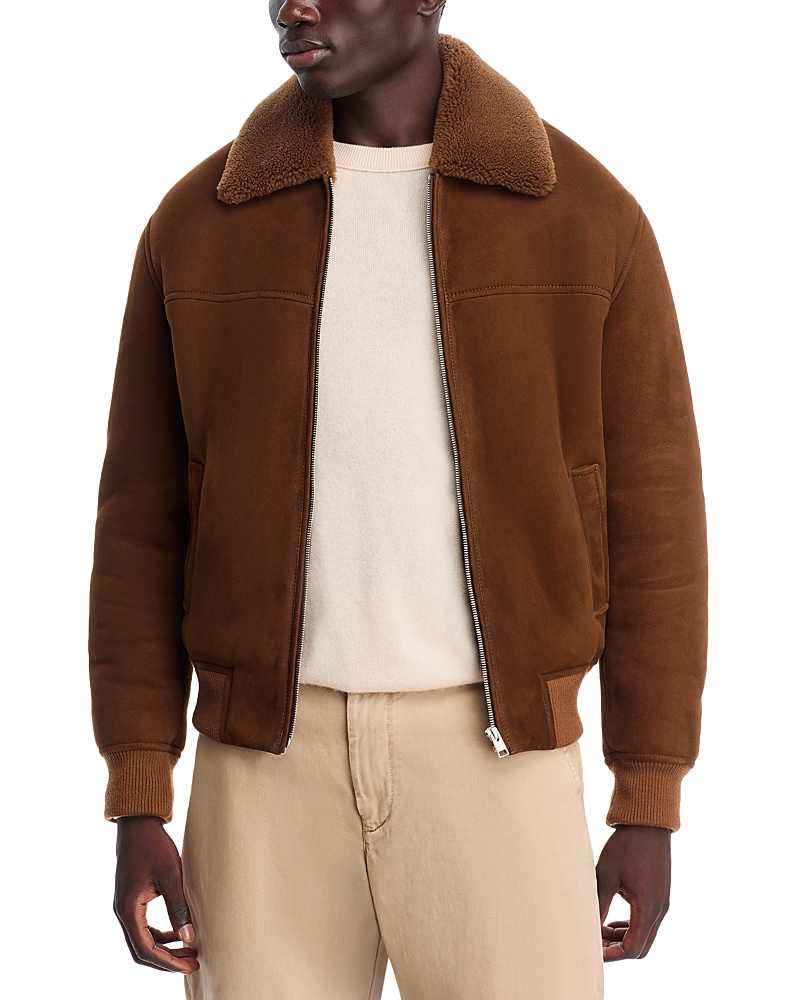 Frame Mens Dark Camel Shearling-trim Slip-pocket Regular-fit Suede Jacket In Dark Camel