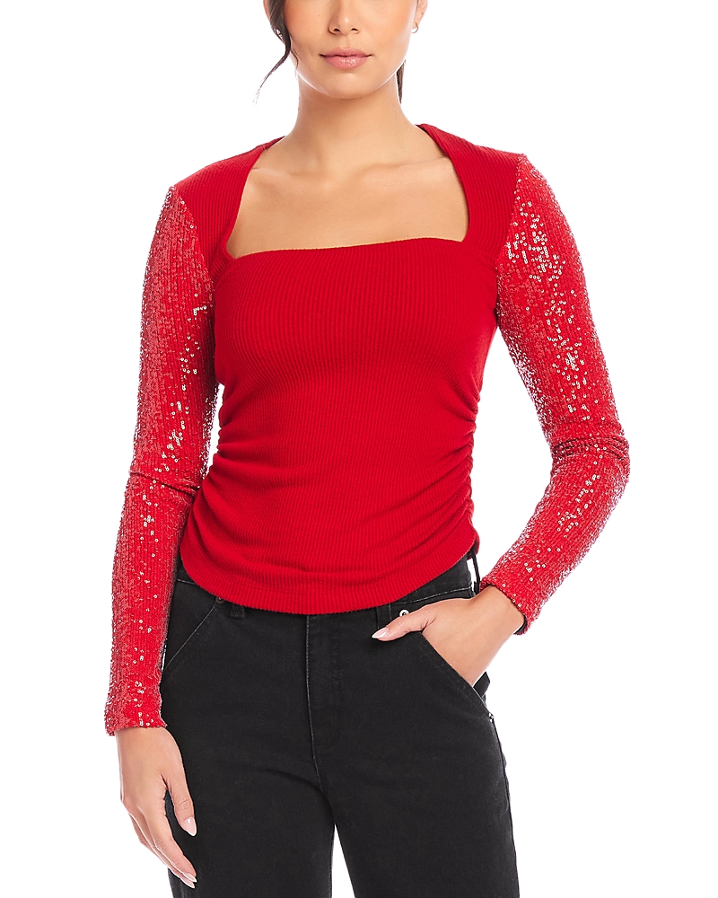 Fifteen Twenty Cady Contrast Long Sleeve Sequin Top In Red In Red