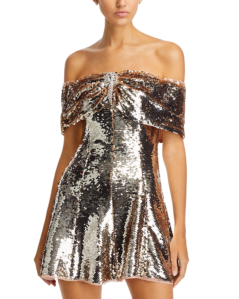 Self-portrait Sequin Off-shoulder Mini Dress In Gold