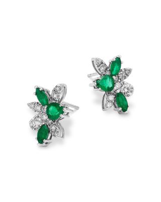 Emerald & Diamond Flower Cluster Stud Earrings in 14K White Gold