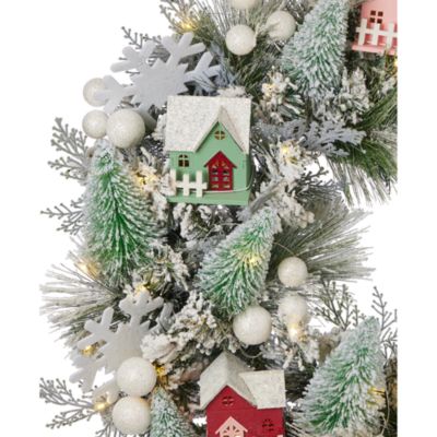 Snowy Cottage 26" Wreath with Fairy Lights
