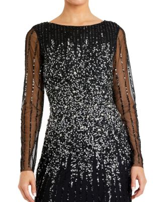 High Neck Sequin Embellished Long Sleeve A Line Gown