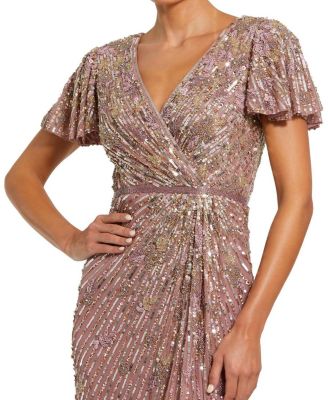 Embellished Faux Wrap Flutter Sleeve Dress