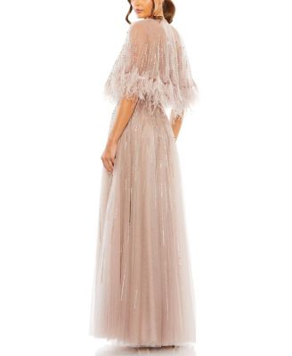 Embellished A Line Dress with Feather Detail Cape