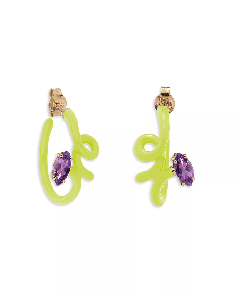 Bea Bongiasca 9K Yellow Gold & Sterling Silver You're So Vine Amethyst Lime Green Hoop Earrings