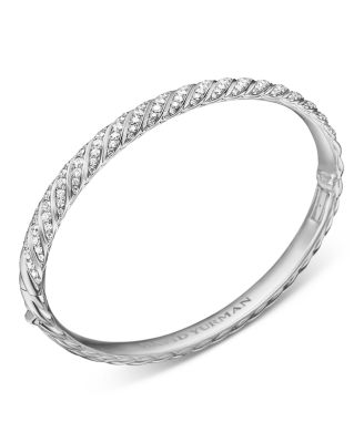 Sculpted Cable Bangle Bracelet in 18K White Gold with Diamonds, 6.2mm