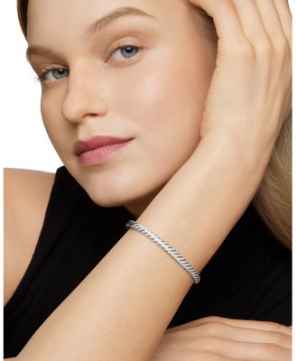 Sculpted Cable Bangle Bracelet in 18K White Gold with Diamonds, 4.6mm