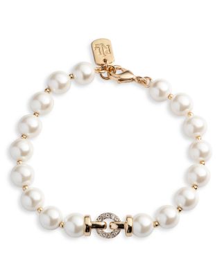 Ralph Lauren - Pav&eacute; Link Imitation Pearl Beaded Flex Bracelet in Gold Tone