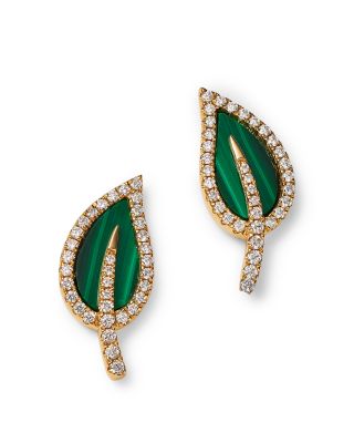 Bloomingdale's Fine Collection - Malachite & Diamond Leaf Stud Earrings in 14K Yellow Gold