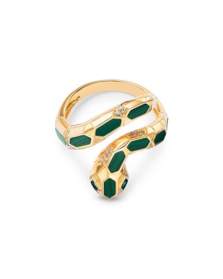 14K Yellow Gold Malachite Snake Ring with Diamonds, 0.07 tcw