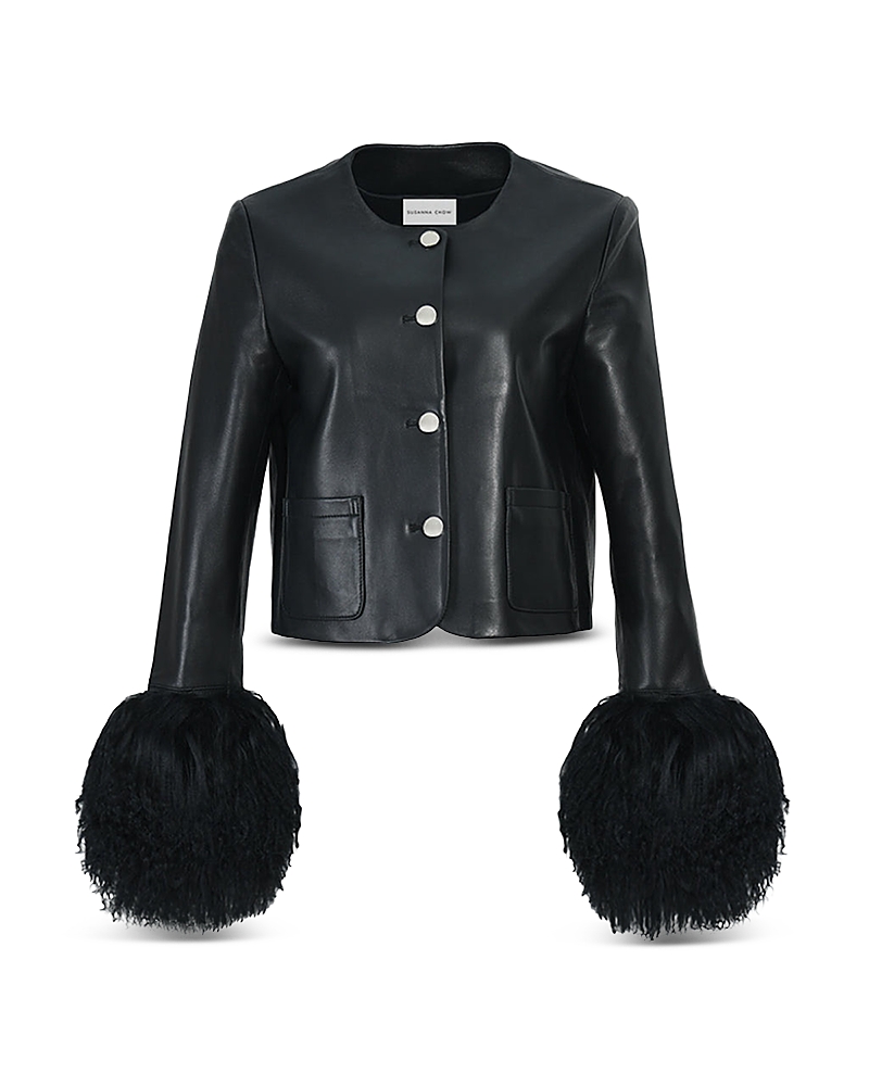 Susanna Chow Leather Cropped Shearling Cuff Jacket In Black