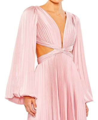 Long Sleeve Pleated Charmeuse Cut Out Gown