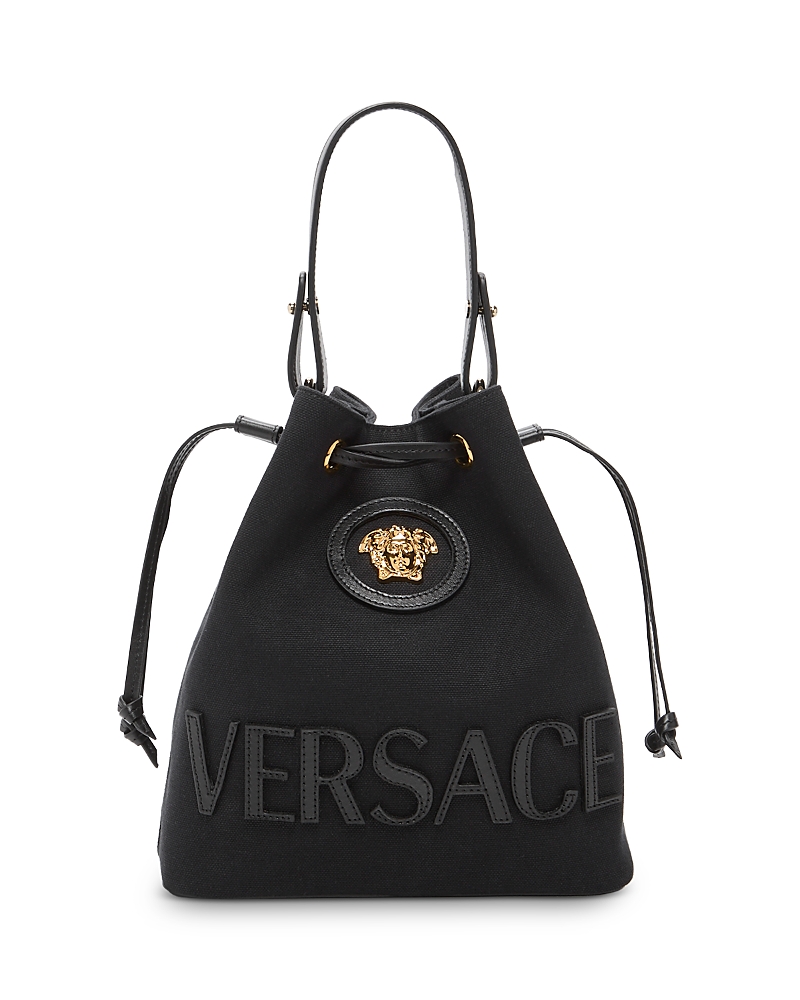 Versace La Medusa Drawstring Canvas Bucket Bag In Black