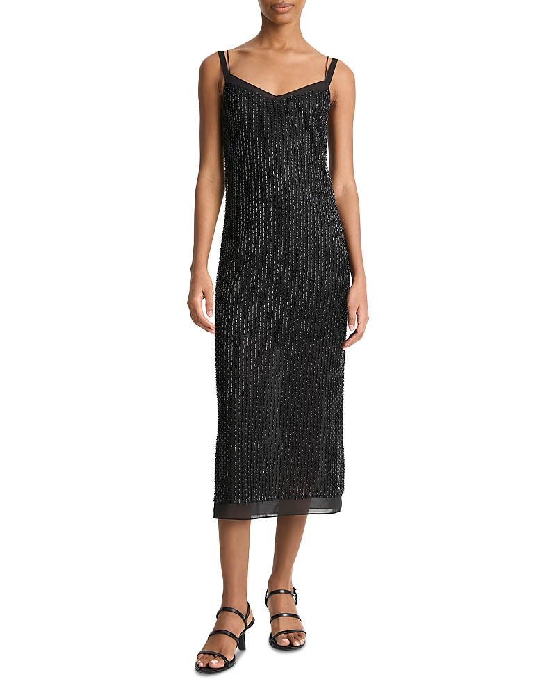 Vince Sleeveless Beaded Midi Slip Dress In Black