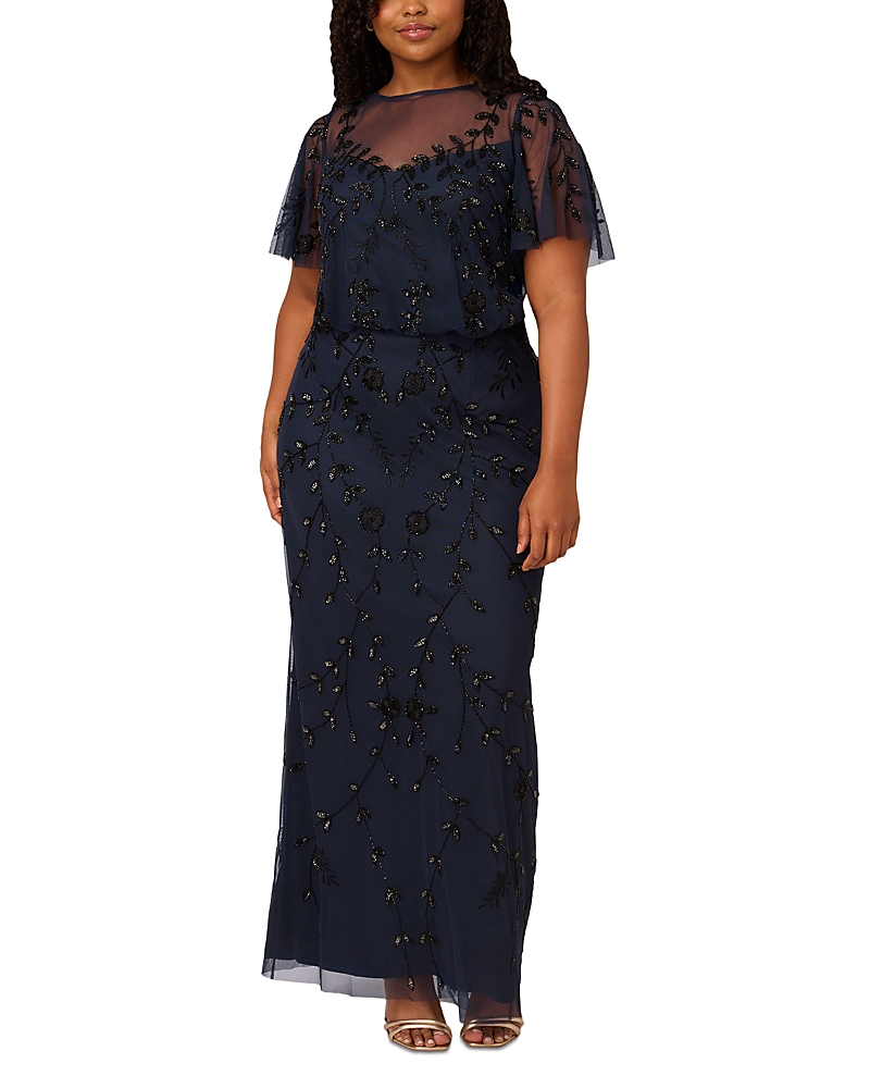 Adrianna Papell Beaded Column Gown In Navy/black