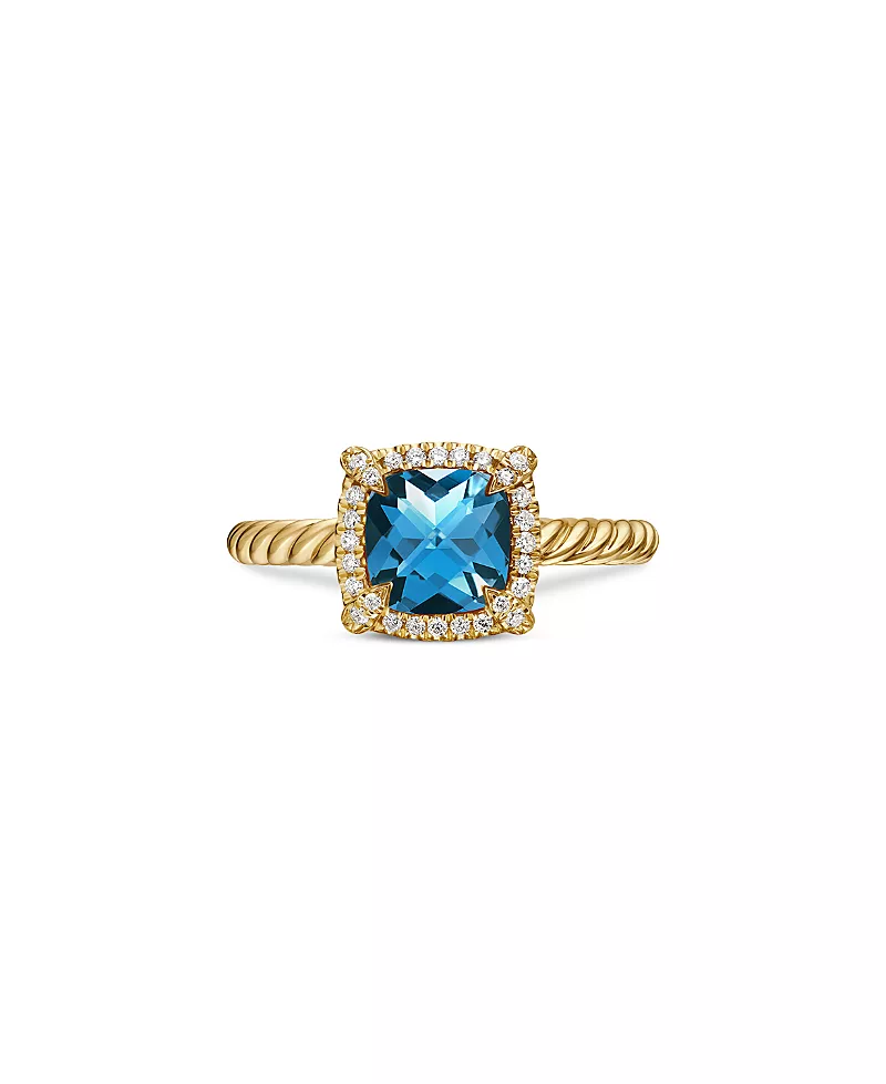 David Yurman Petite Chatelaine Pave Bezel Ring in 18K Yellow Gold with Hampton Blue Topaz
