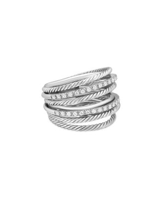Sterling Silver Crossover Wide Ring with Diamonds, 8