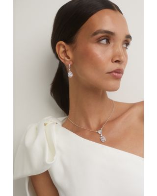 Radiant Pear Shape Cubic Zirconia Halo Drop Earrings in Rhodium Plated