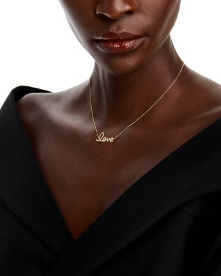 14K Yellow Gold Diamond Medium Love Script Pendant Necklace, 18"