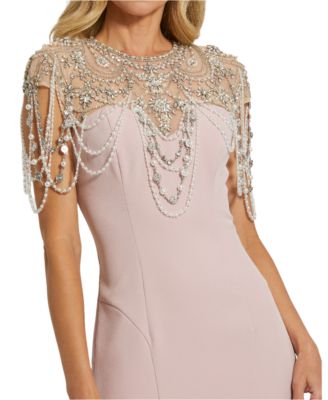  Draped Pearl Beaded Detail Mermaid Gown