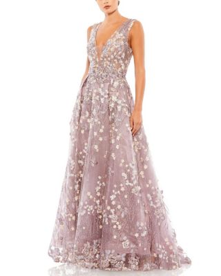 【MACDUGGAL】フローラル 刺繍イリュージョン Vネック ガウン Mac Duggal Floral Embroidered Illusion V-Neck Gown