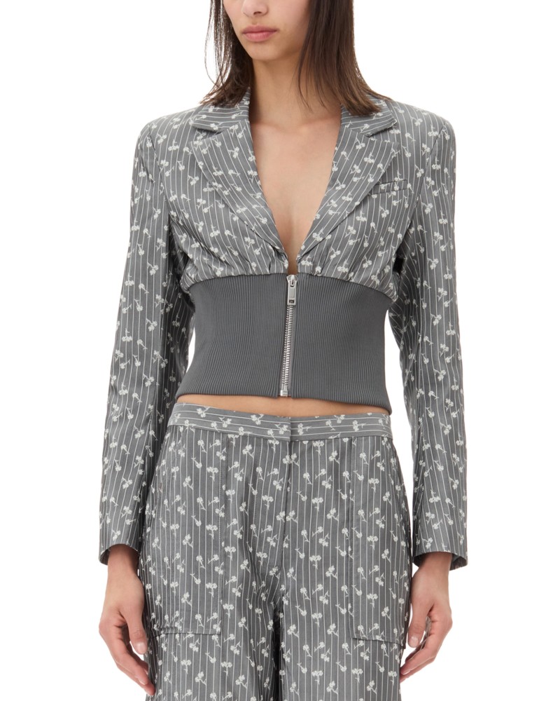 Ganni Cropped Jacquard Blazer in Smoked Pearl