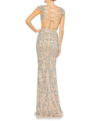 Embellished Cut Out Lace Up Cap Sleeve Gown
